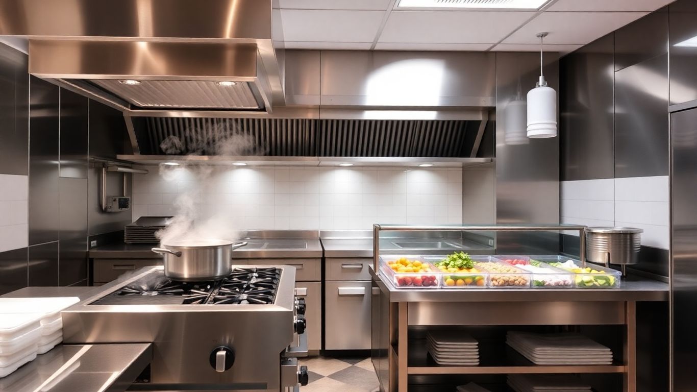 Moderne kommerzielle Küche mit Koch- und Kühlgeräten.