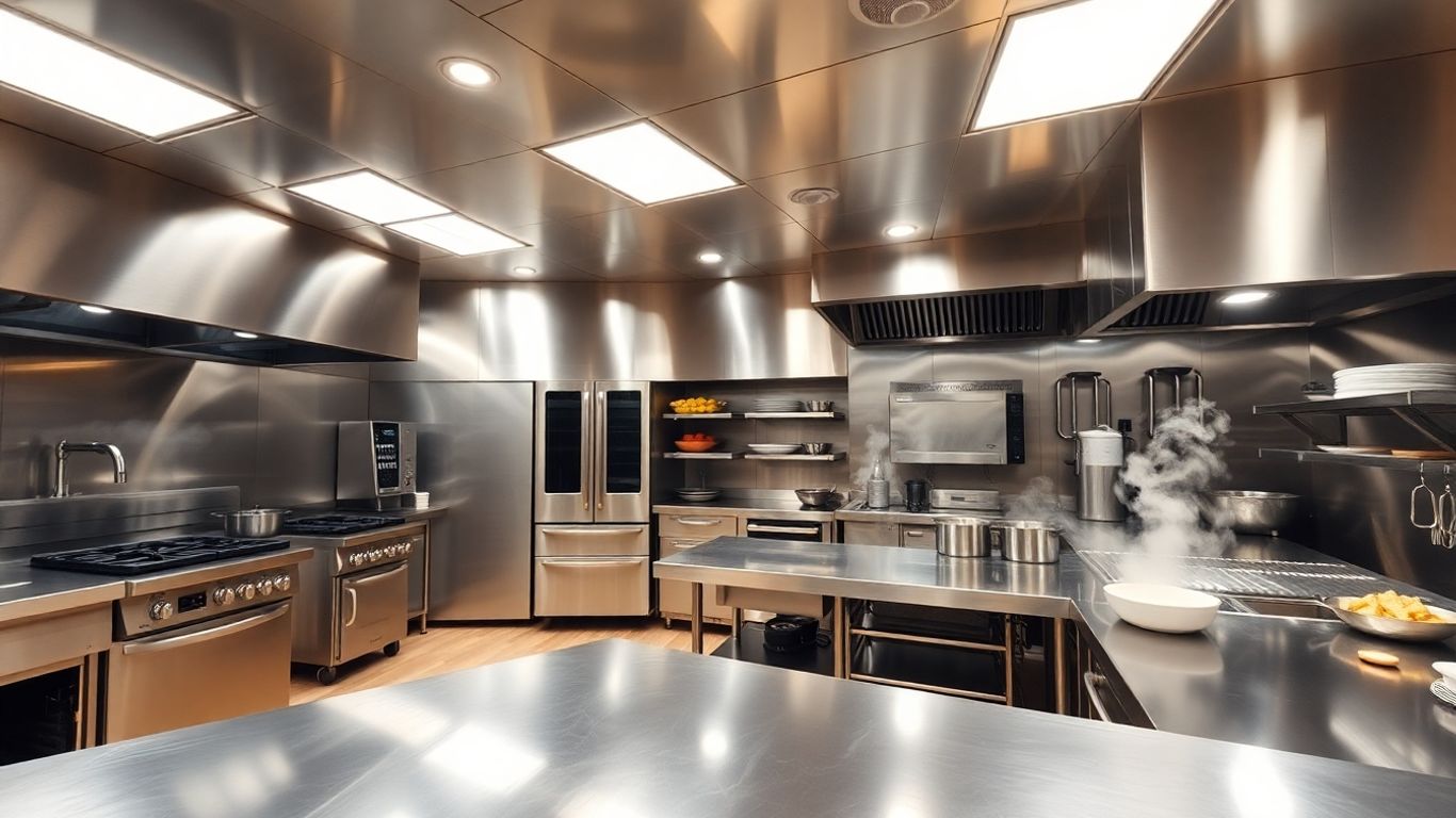 Moderne Großküche mit Koch- und Kühlgeräten