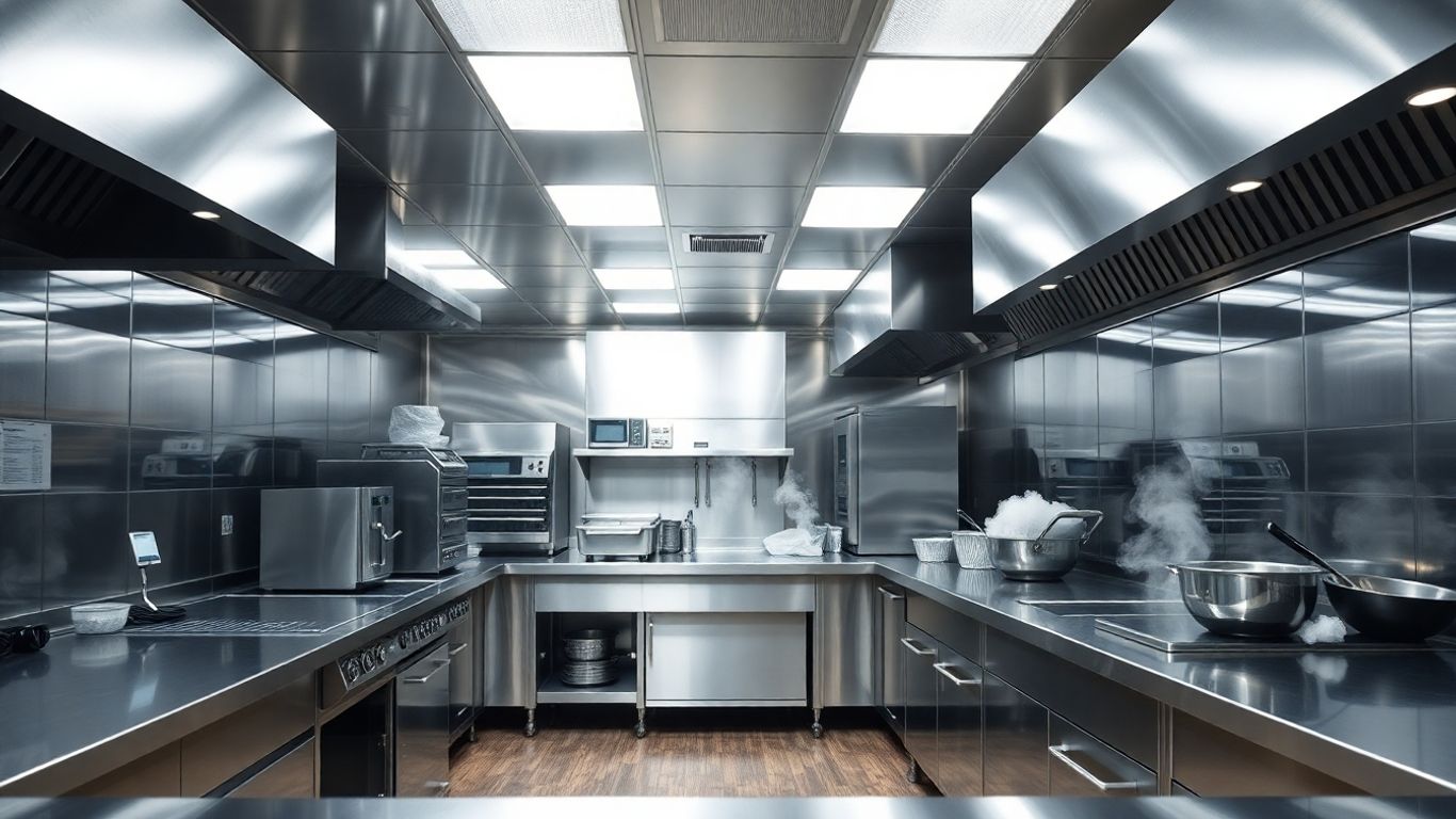 Moderne Großküche mit Edelstahloberflächen und Geräten.