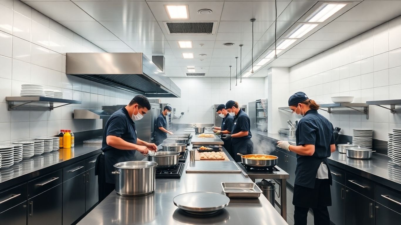 Moderne Großküche mit Köchen bei der Zubereitung von Speisen.