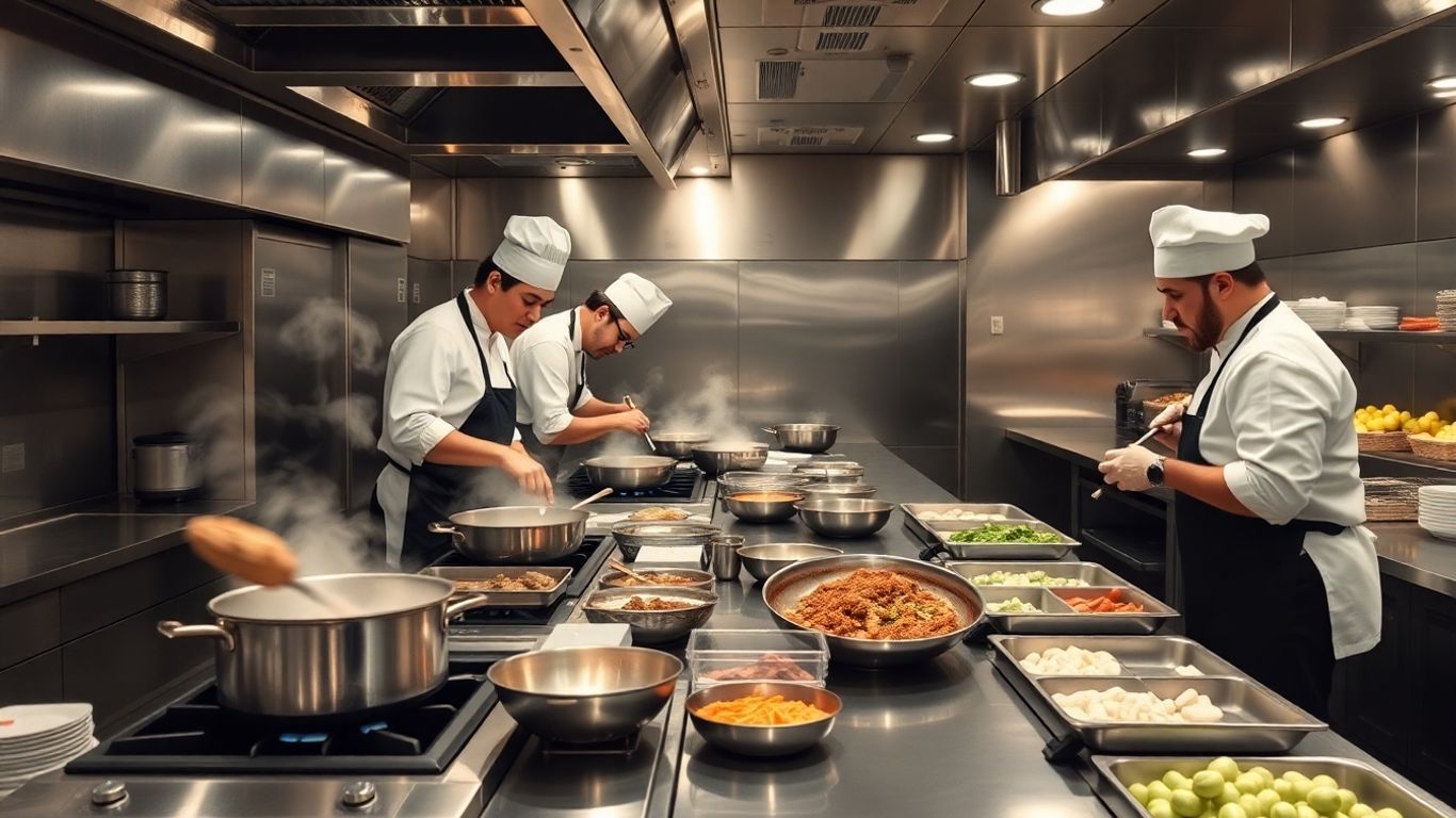 Moderne Großküche mit Köchen bei der Zubereitung von Speisen