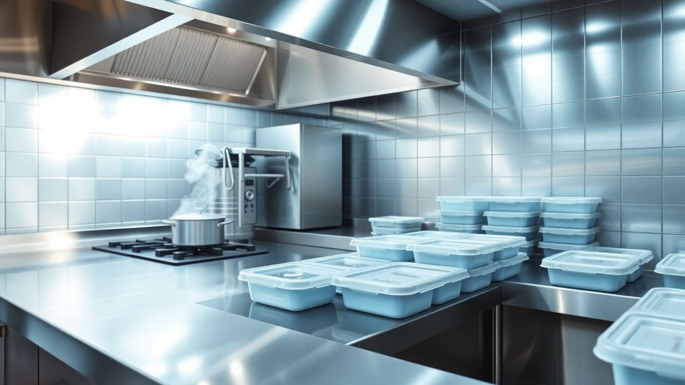 Moderne Großküche mit Koch- und Kühlgeräten