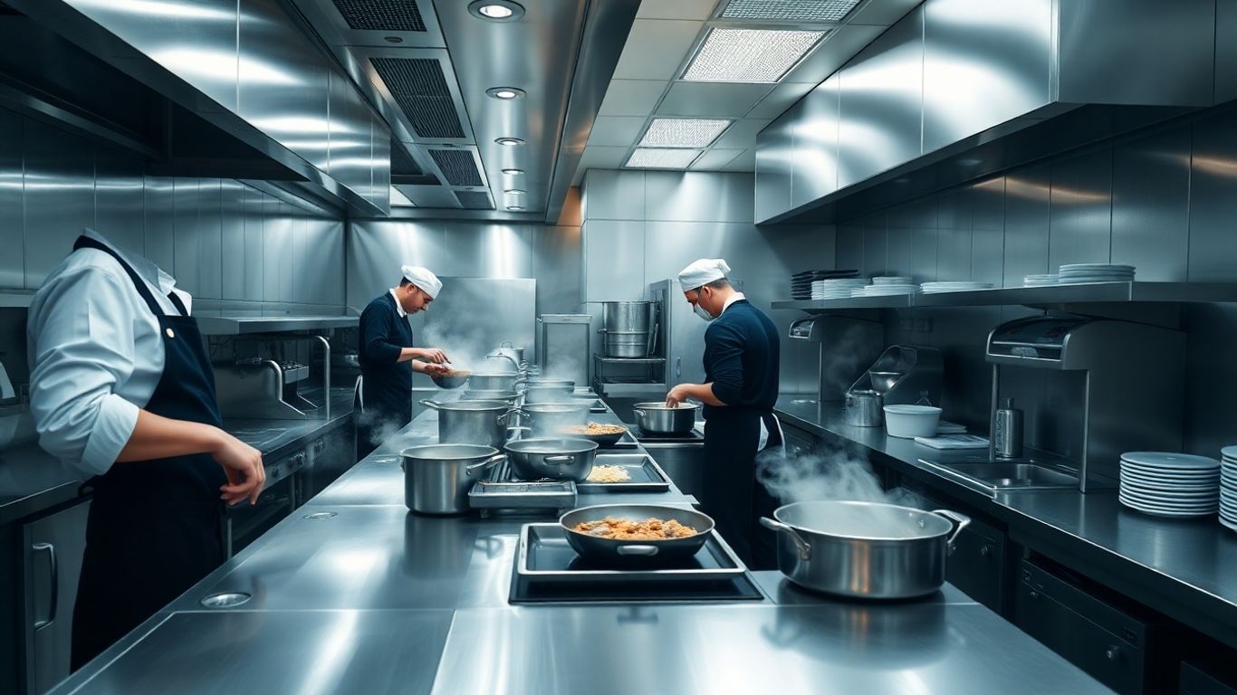 Moderne Großküche mit Köchen bei der Zubereitung von Speisen.