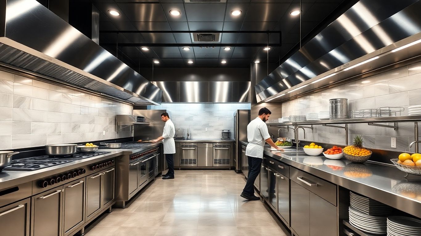 Moderne Großküche mit Koch- und Kühlgeräten, Köche bei Arbeit.