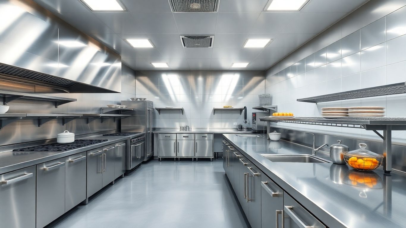 Moderne kommerzielle Küche mit Edelstahlgeräten und Arbeitsflächen.