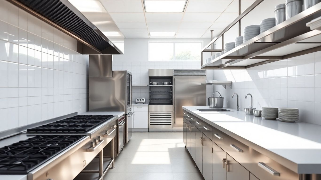 Moderne Großküche mit Koch- und Kühlbereichen