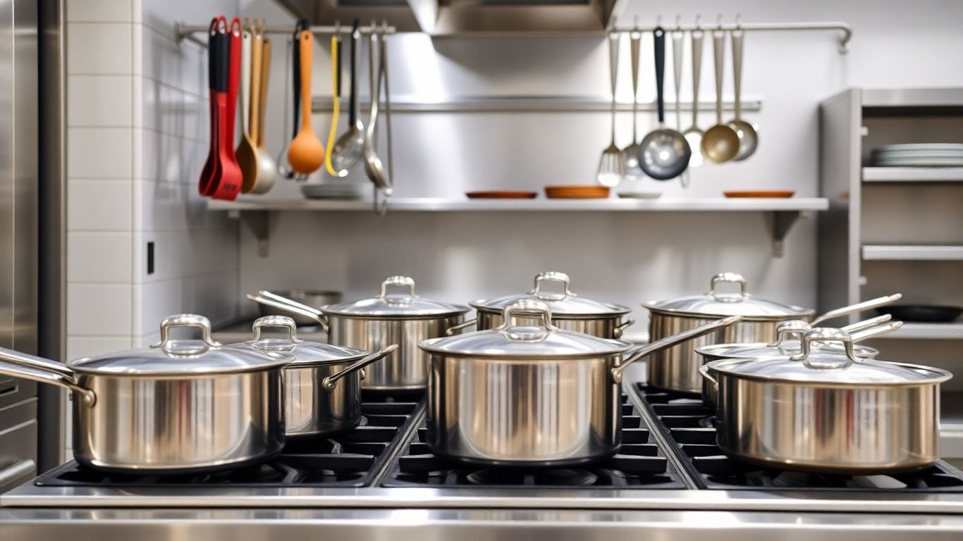 Moderne Großküche mit Edelstahlgeräten und Kochutensilien.