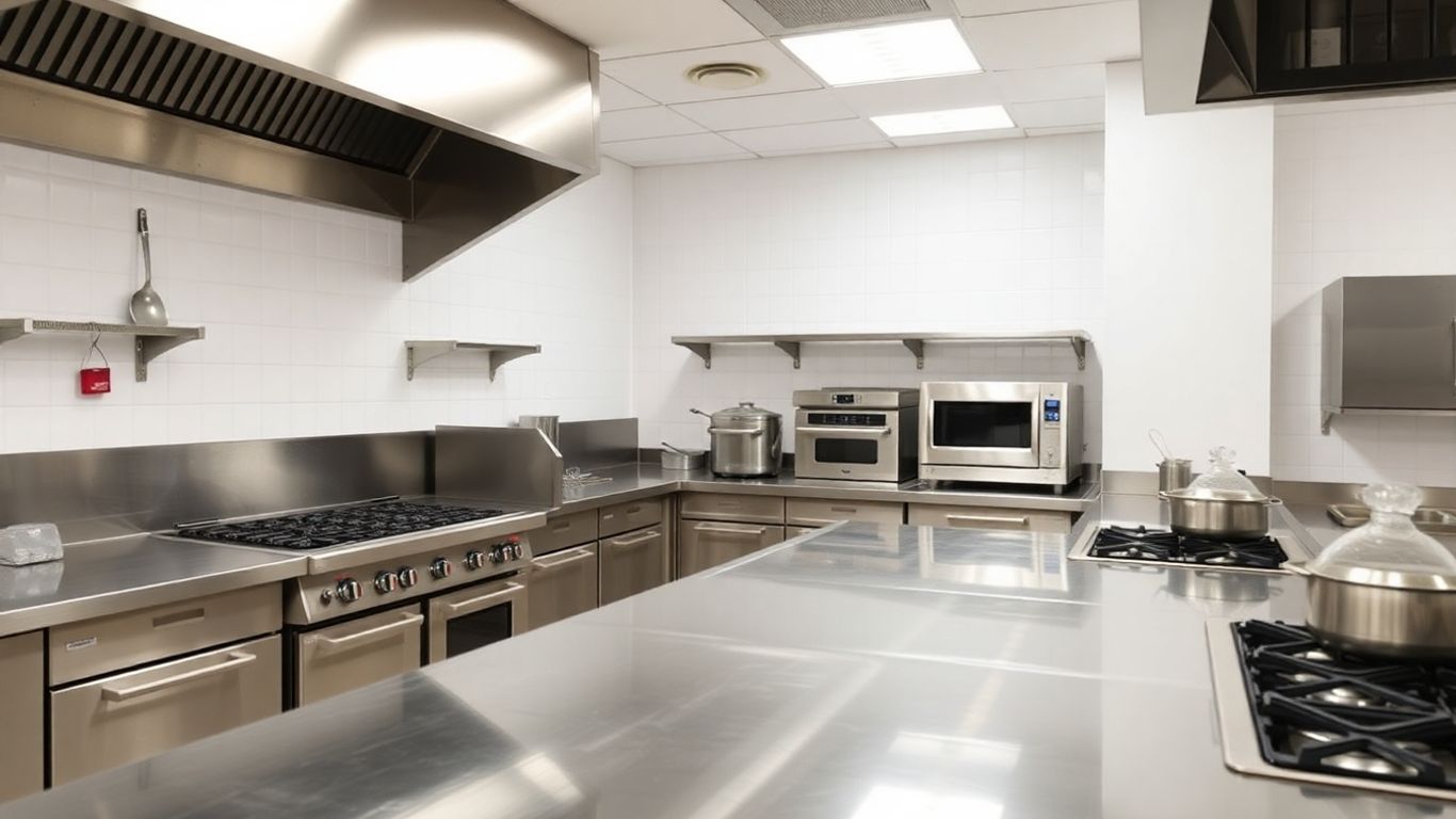 Moderne Großküche mit Geräten und Zubehör