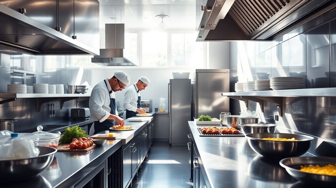 Moderne Küche mit Köchen bei der Zubereitung von Speisen.