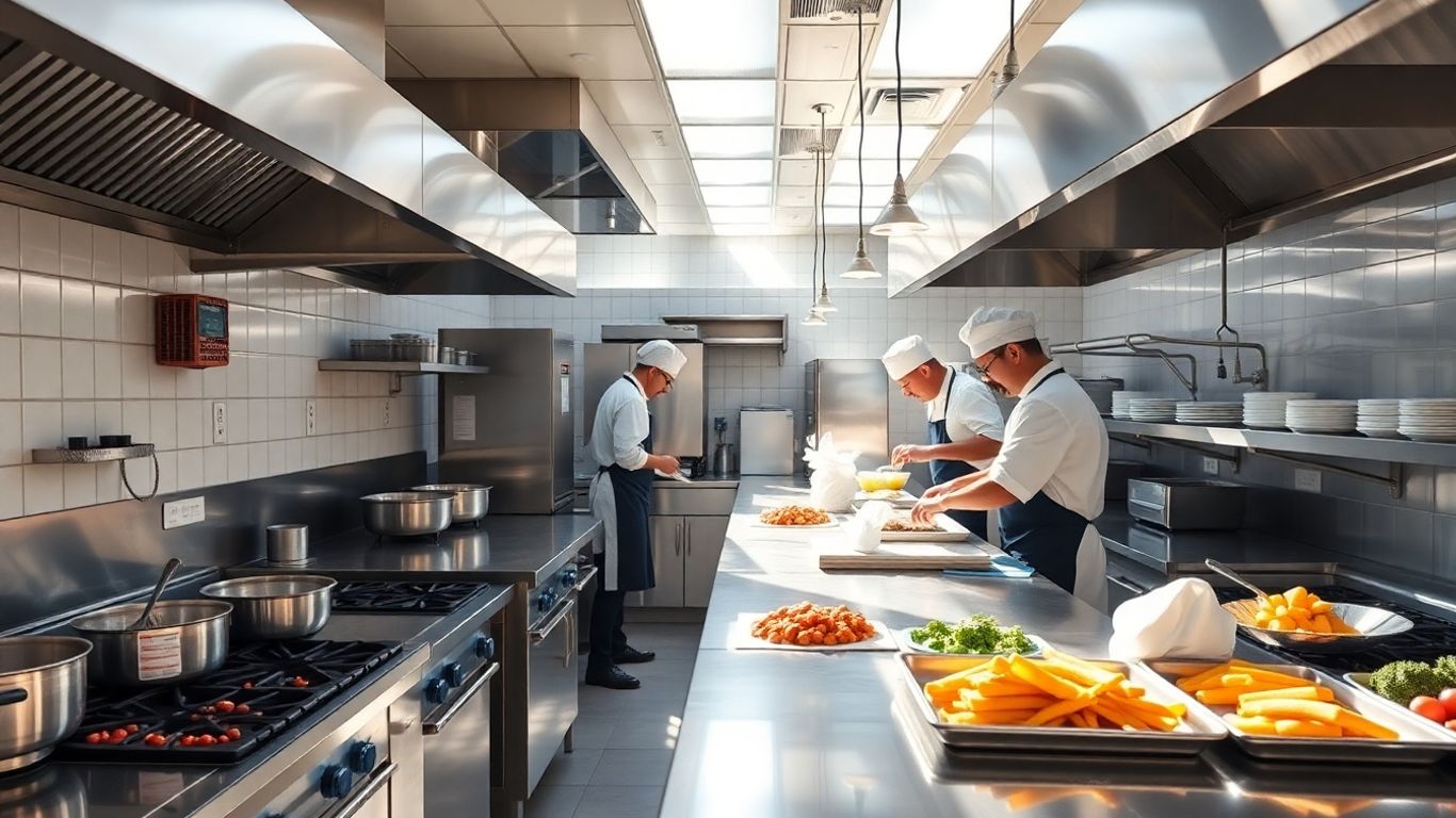 Moderne Küche mit Köchen bei der Zubereitung von Speisen.