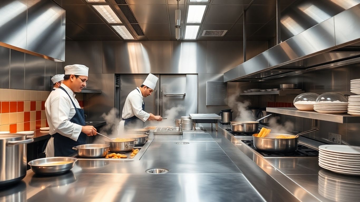 Moderne Großküche mit Köchen bei der Zubereitung von Speisen.