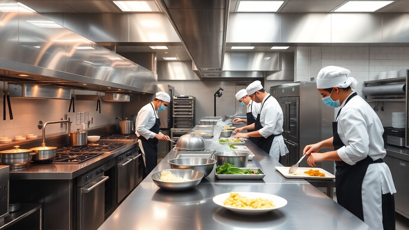 Moderne Großküche mit Köchen bei der Zubereitung von Speisen.