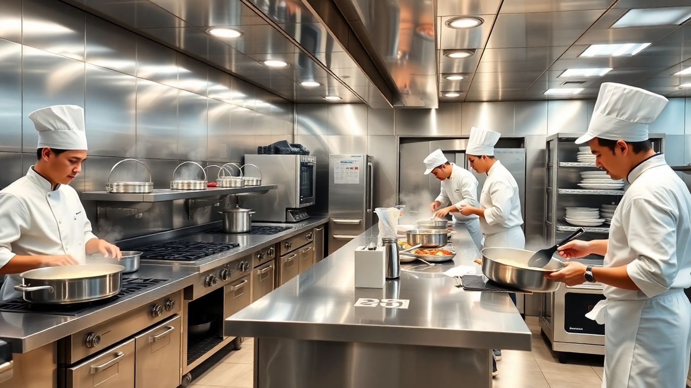 Moderne Küche mit Köchen bei der Zubereitung von Speisen