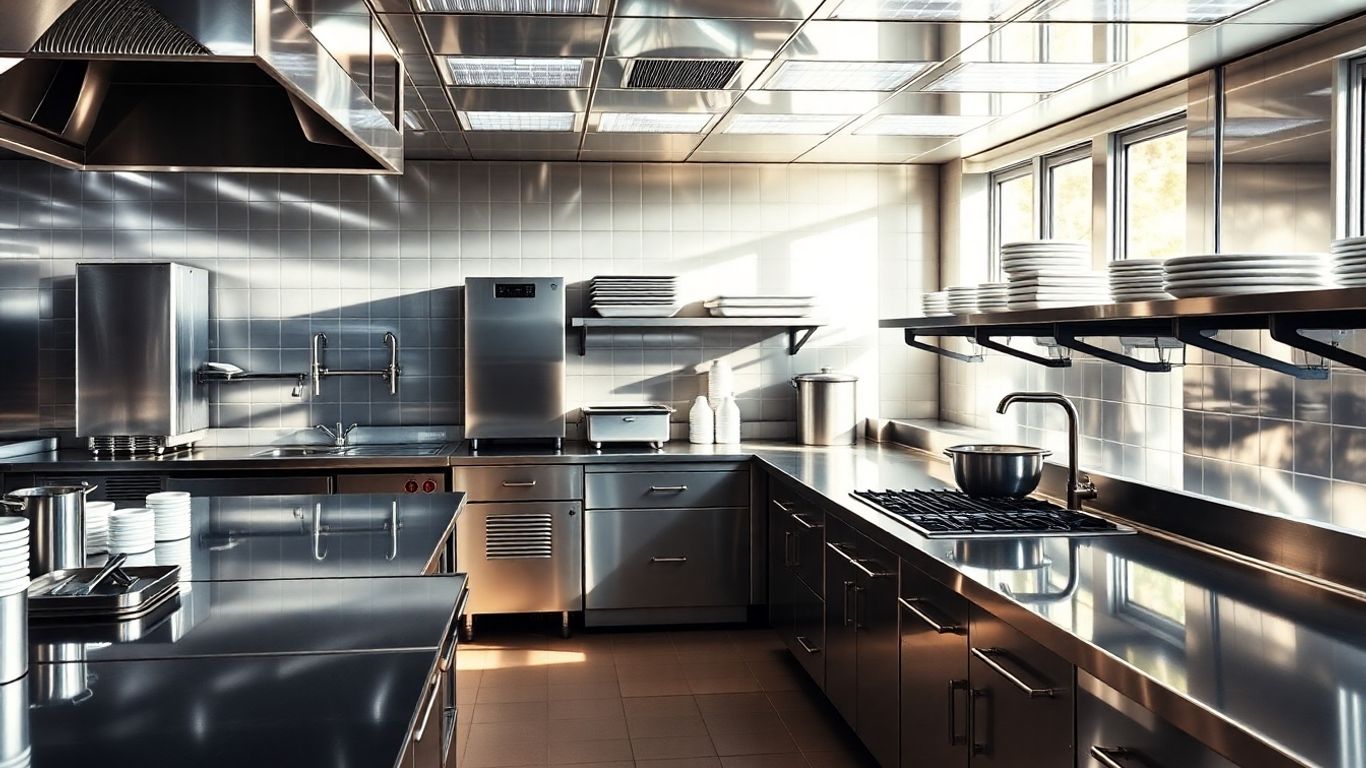 Moderne Großküche mit Edelstahlgeräten und sauberen Arbeitsflächen.