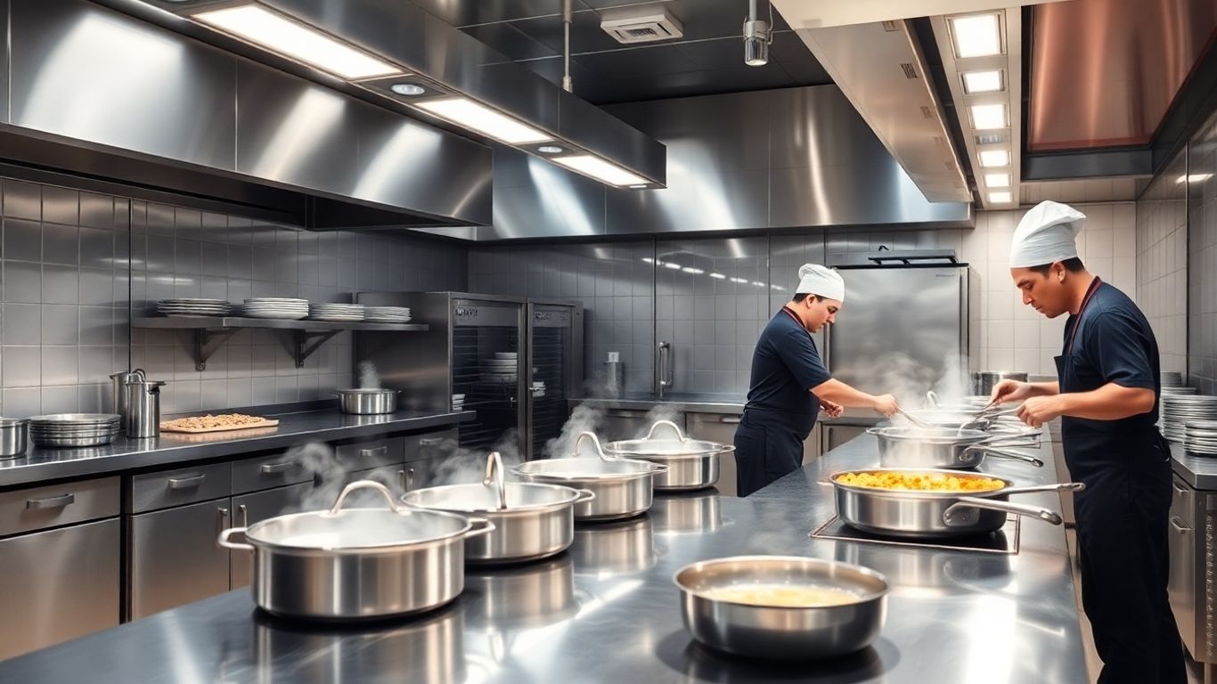 Moderne Großküche mit Köchen bei der Zubereitung von Speisen.