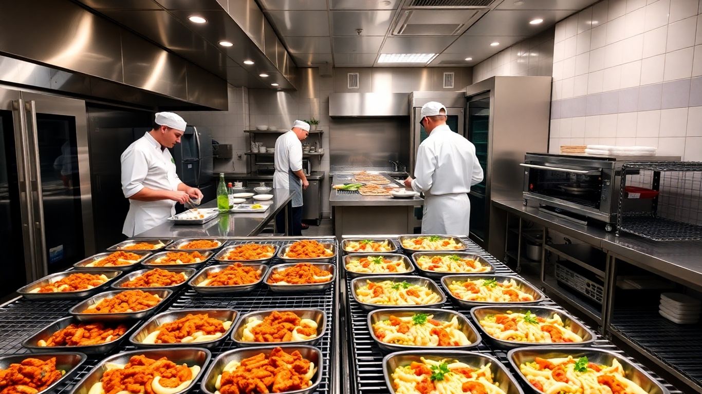 Moderne Großküche mit Köchen und gekühlten Speisewannen