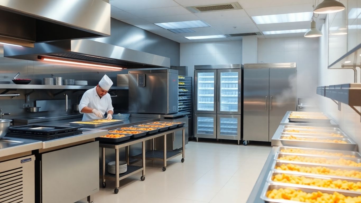 Modernes Großküchenfoto mit Köchen beim Cook und Chill Prozess