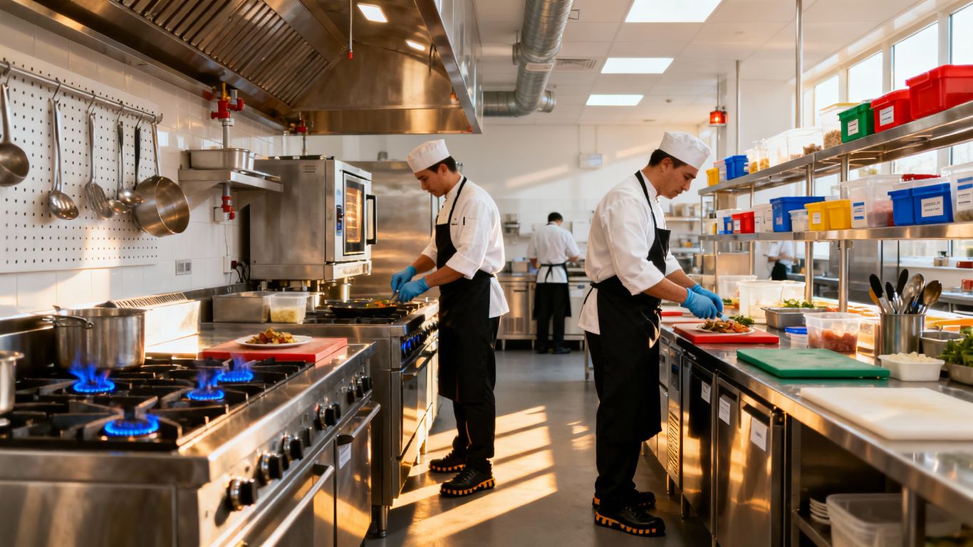 Moderne Großküche mit Köchen bei der Zubereitung von Speisen.
