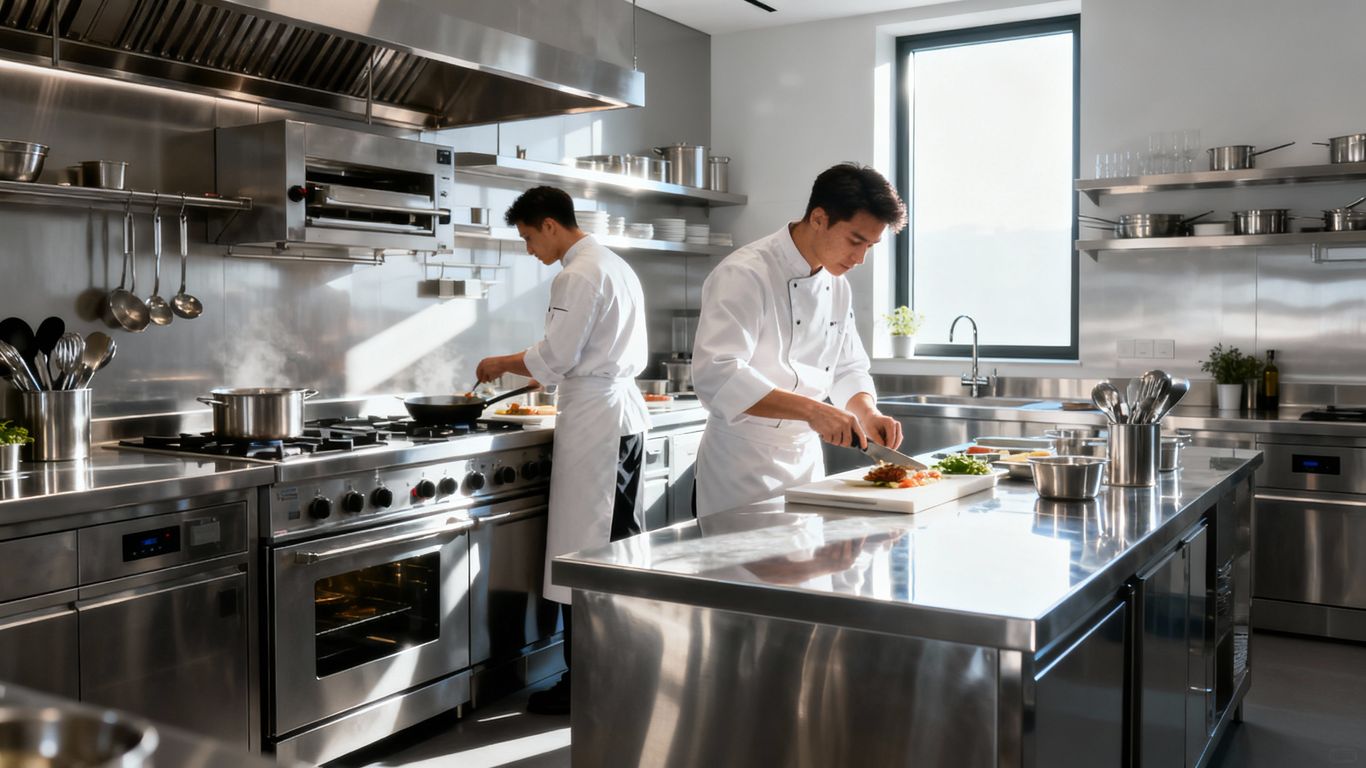 Moderne Großküche mit Köchen und professioneller Ausrüstung.