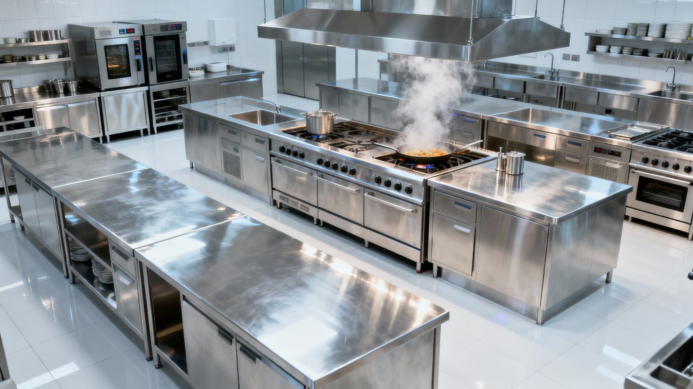 Moderne kommerzielle Küche mit Edelstahloberflächen und Geräten.