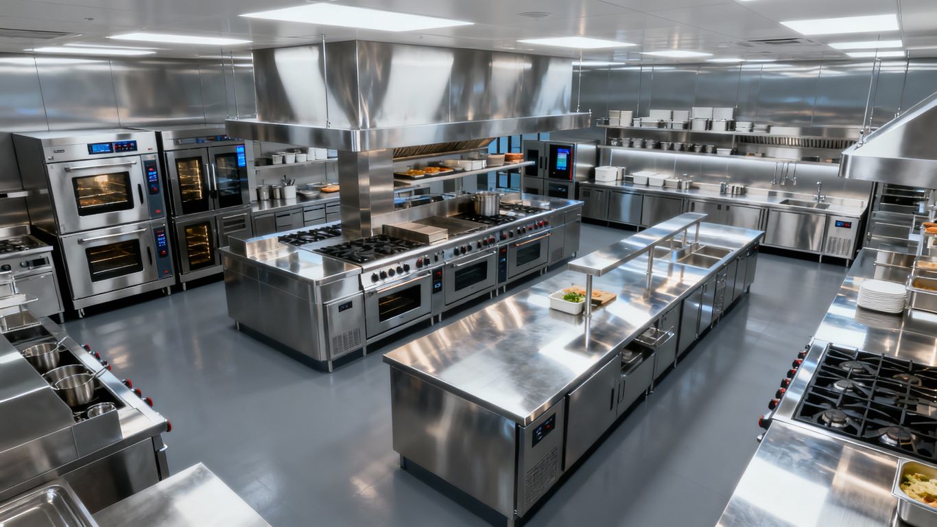 Moderne Großküche mit Edelstahlausstattung und professionellen Geräten.